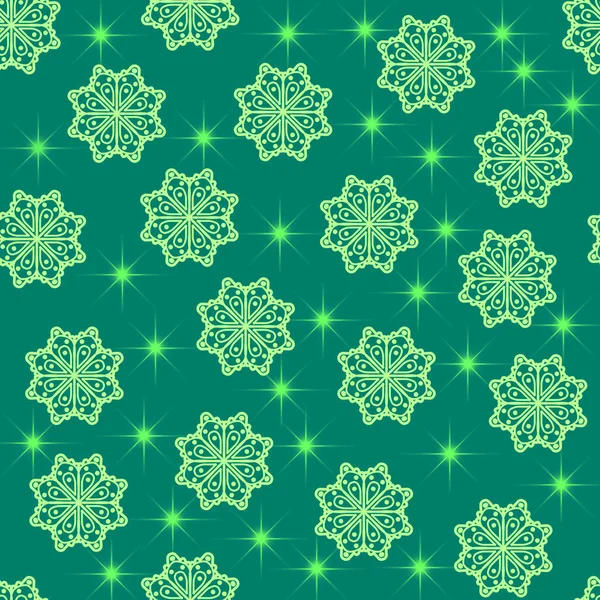 Amazing Green Shining Christmas Illustration Fabric Surface Seamless Pattern Snowflakes — Stock Photo, Image