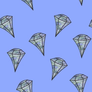 Gemstone deseni. Kusursuz çizim. Mavi arka planda soluk kristal. Düz tasarım mücevher. Kalıp ambalaj kağıdı, arkaplan, kumaş baskısı, web sayfası arkaplanı, duvar kağıdı olarak kullanılabilir
