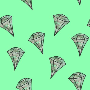 Gemstone deseni. Springgreen arka planında yeşil kristal. Düz