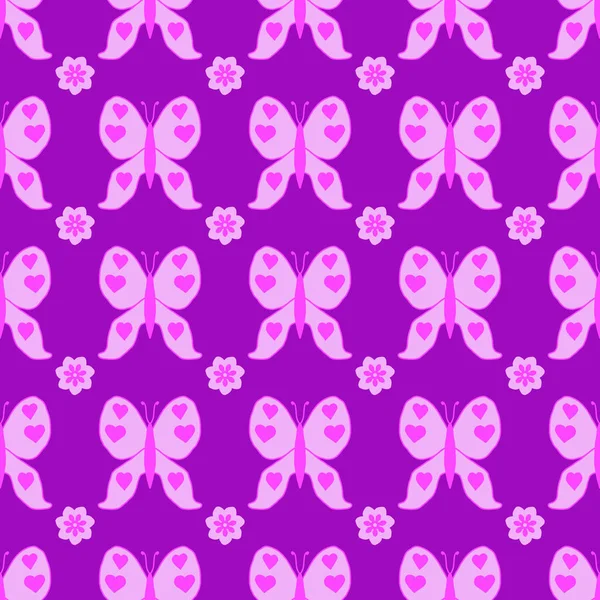ピンクの蝶のトンボと心のシームレスなパターンw — ストック写真