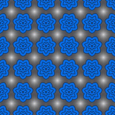 Mavi kiremit desenli, kırmızı çiçeklerle süslenmiş ve parlayan.