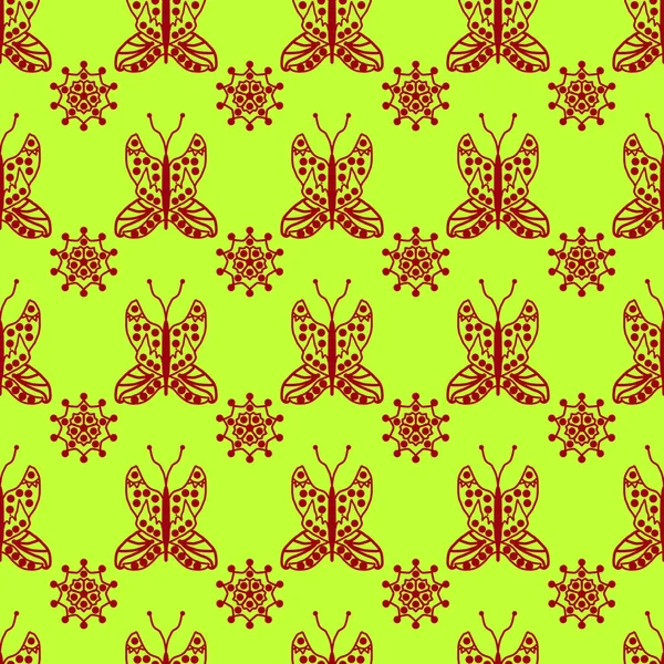 Yellow seamless pattern with red  butterfly dragonfly. Endless p