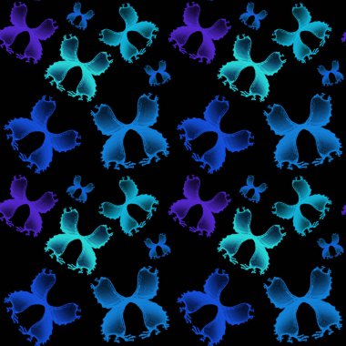 Siyah arkaplanda lekesiz mavi suluboya kelebek deseni. 