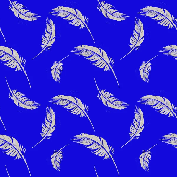 Blaues nahtloses Muster mit weißen, handgezeichneten Federn, ideal für — Stockfoto