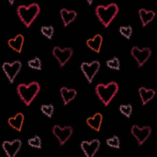 Aquarell rot, rosa, orangefarbene Herzen mit nahtlosem Muster auf schwarzem B — Stockfoto