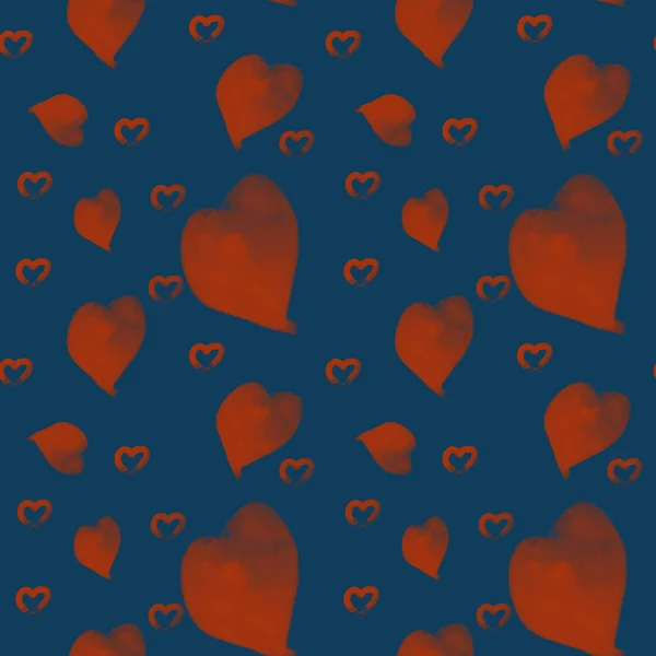 Watercolor hearts seamless dark blue and orange background  patt — Stock Photo, Image