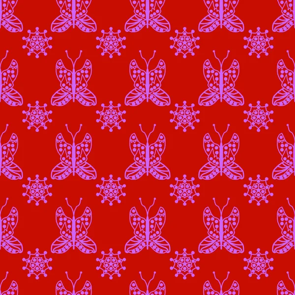 Red seamless pattern with  butterfly dragonfly. Endless print wi — Stock Photo, Image