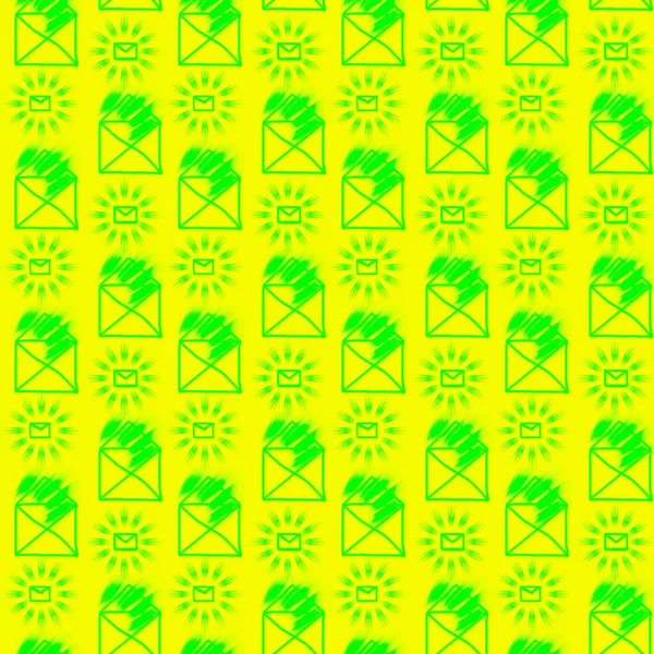 Yellow and green Seamless pattern with mail envelopes and shinin