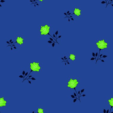 Mavi arka planda açık yeşil çiçek desenli pürüzsüz güller. Duvar kağıdı ya da kumaş için çiçek deseni. Çiçek gülü. Botanik Döşemesi.