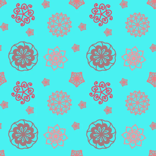 青い背景に茶色 ベージュ 赤の花とシームレスな繰り返しパターン ギフトラップ 壁アートデザイン 包装紙 生地プリント ウェブページの背景 — ストック写真