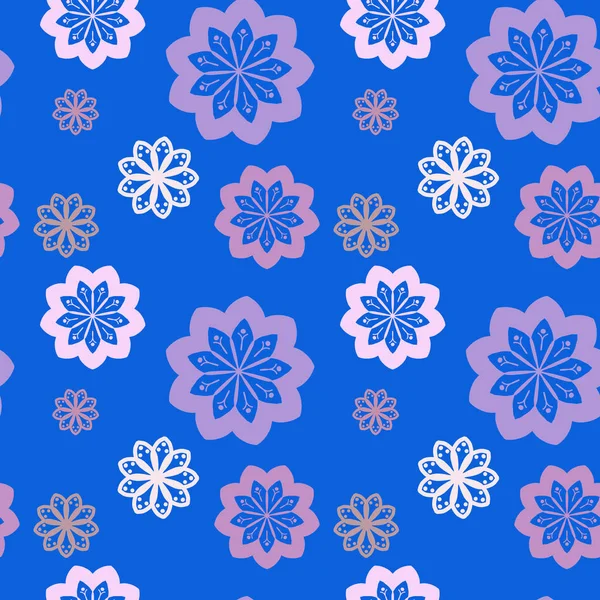 Naadloze Herhaling Patroon Met Witte Lila Roze Bloemen Blauwe Achtergrond — Stockfoto