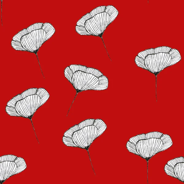 seamless pattern - poppy flower drawing with a simple pencil for