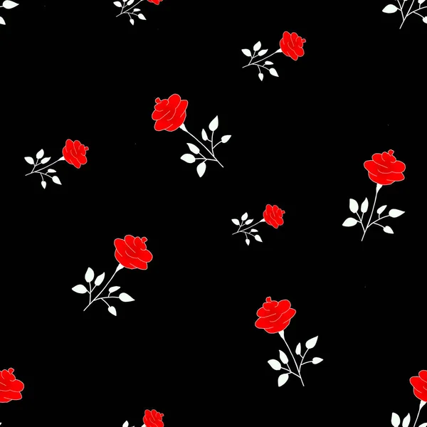 Nahtlose Rosen mit rotem Blumenmuster auf schwarzem Hintergrund. f — Stockfoto