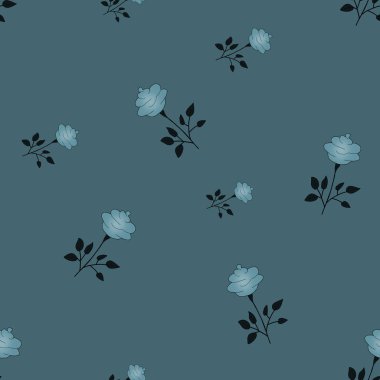 Mavi gri bir arka planda, kusursuz çiçek desenleri. M