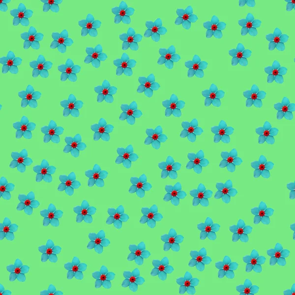 Seamless repeat pattern with turquoise flowers on light green ba — ストック写真