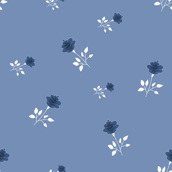 Seamless roses pattern  of gray blue flowers on blue background. — Stock Photo, Image