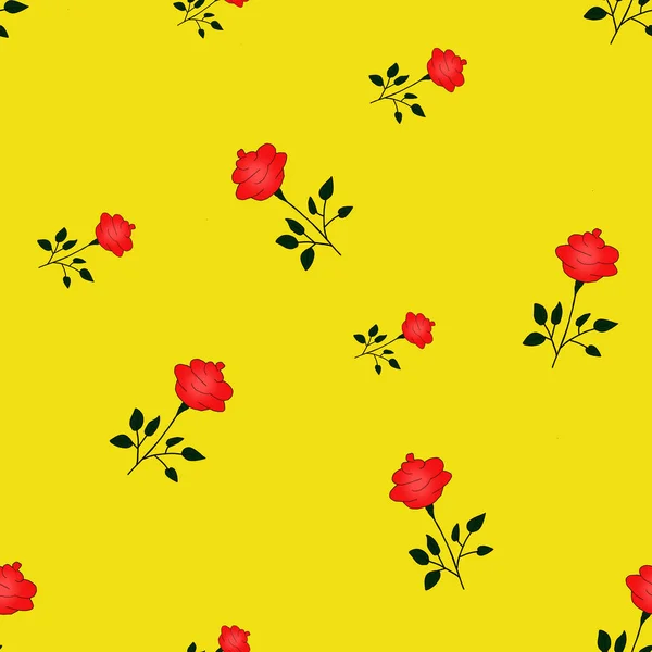 Απρόσκοπτη τριαντάφυλλα μοτίβο των κόκκινων λουλουδιών σε κίτρινο φόντο. Φλο — Φωτογραφία Αρχείου