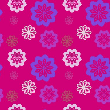 Seamless repeat pattern with violet, white and gold flowers on p