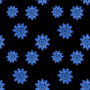 Siyah arkaplanda mavi çiçekler olan kusursuz tekrarlama deseni.
