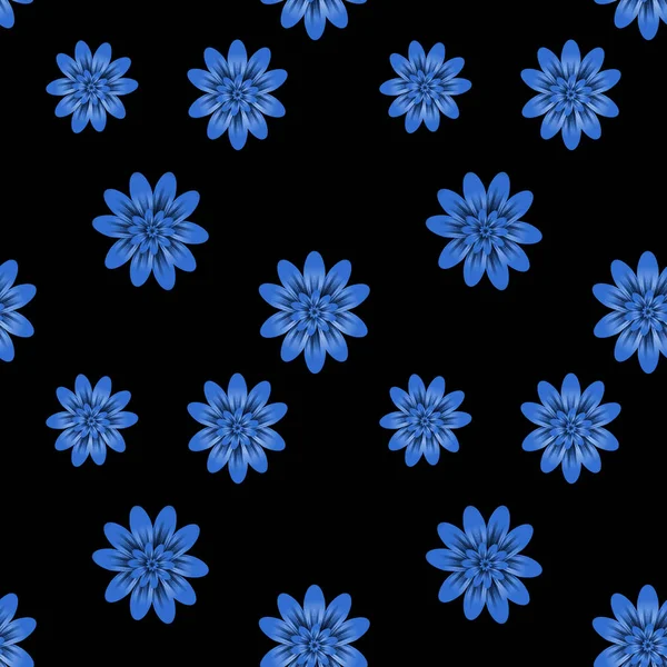 Padrão de repetição sem costura com flores azuis no fundo preto . — Fotografia de Stock