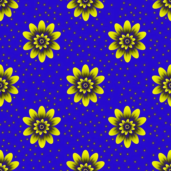 Seamless repeat pattern with yellow  flowers  on blue background — ストック写真