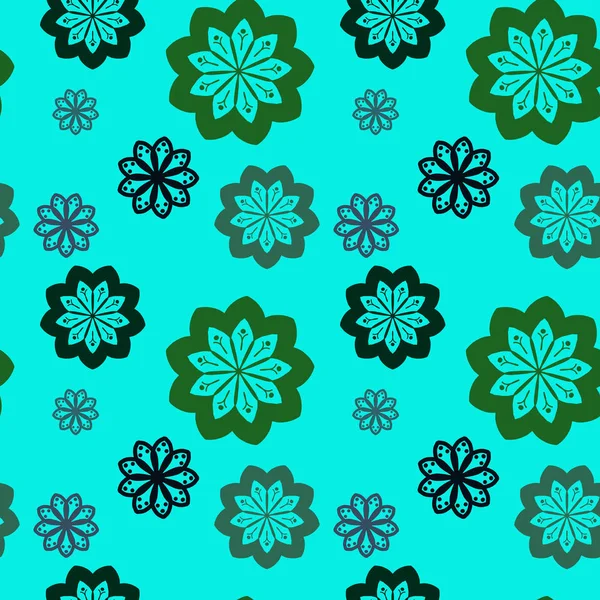 Seamless repeat pattern with flowers in green and black on turqu