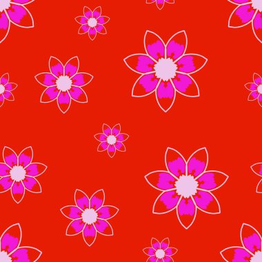 Seamless repeat pattern with flowers in pink on red background. 