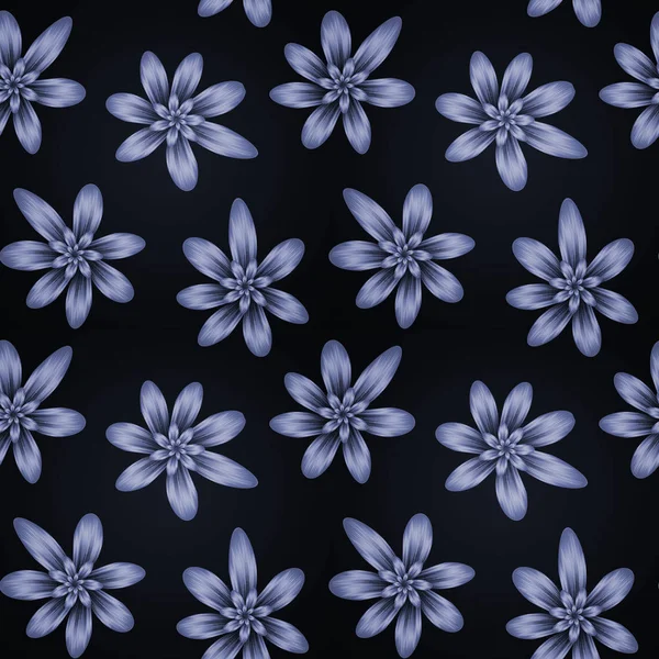 Modèle de répétition sans couture avec des fleurs bleues et argentées sur noir — Photo