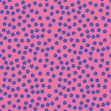 Seamless repeat pattern with flowers in blue on pink background.