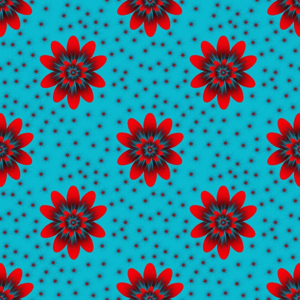 Seamless repeat pattern with red flowers on light blue backgroun — ストック写真