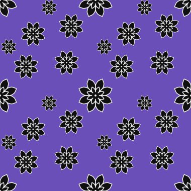 Seamless repeat pattern with black flowers on purple background. drawn fabric, gift wrap, wall art design, wrapping paper, background, fabric print, web page backdrop.