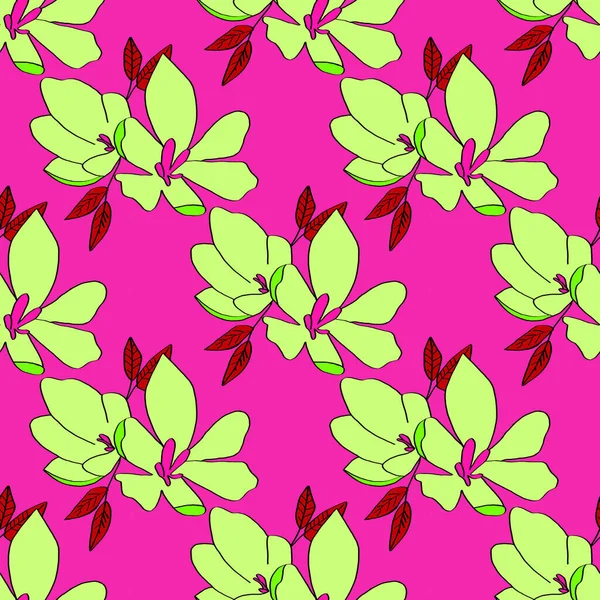 Fondo sin costuras de flores de lirio. Lirios flores de color verde claro sobre un fondo rosa. Se puede utilizar como papel de embalaje, impresión de tela, telón de fondo de página web, tarjeta, papel pintado . —  Fotos de Stock