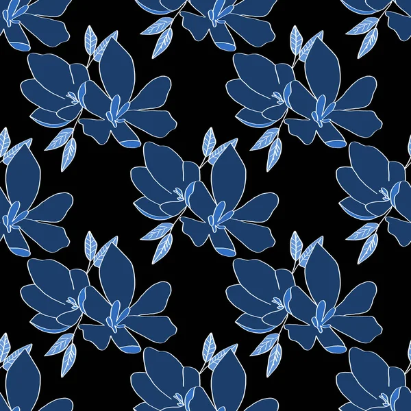 Fondo sin costuras de flores de lirio. Flores azules lirios sobre fondo negro. Se puede utilizar como papel de embalaje, impresión de tela, telón de fondo de página web, tarjeta, papel pintado . —  Fotos de Stock