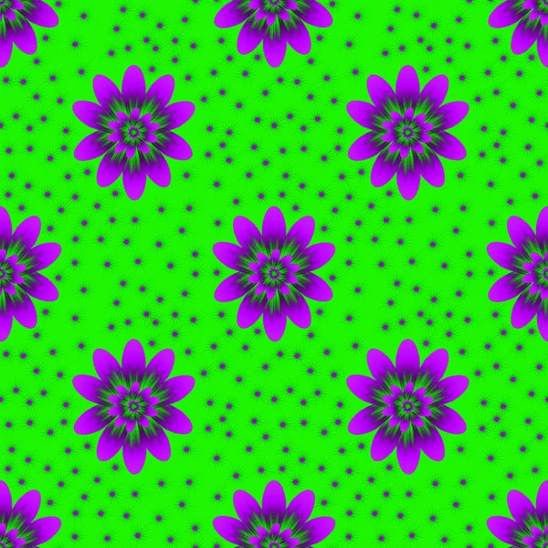 Modèle de répétition sans couture avec des fleurs violettes sur fond vert clair. Pour tissu dessiné, emballage cadeau, design d'art mural . — Photo