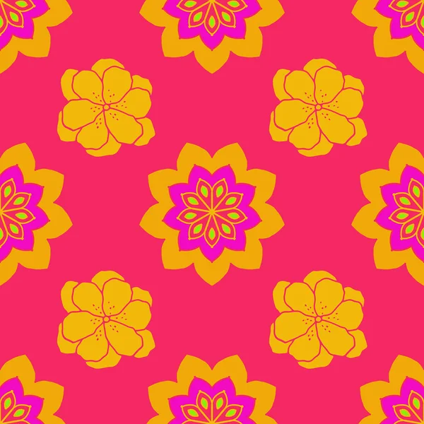 Modello ripetizione senza soluzione di continuità con fiori gialli su sfondo rosso. Per tessuto disegnato, involucro regalo, wall art design, tessile — Foto Stock