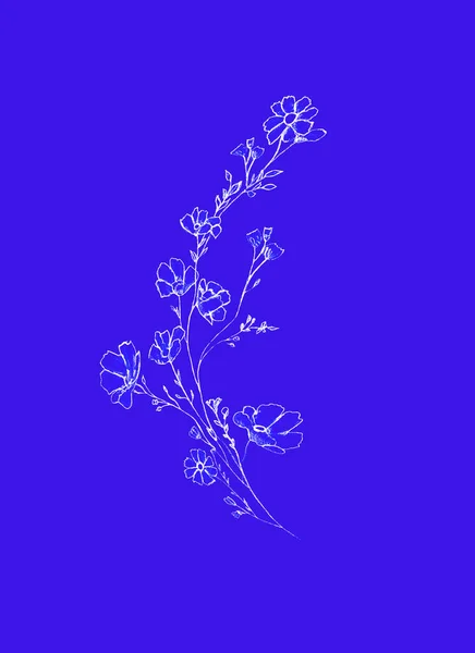 Ramo d'albero con fiori e foglie, grafica disegnata a mano, albero di fiori su sfondo viola. Arte semplice matita — Foto Stock