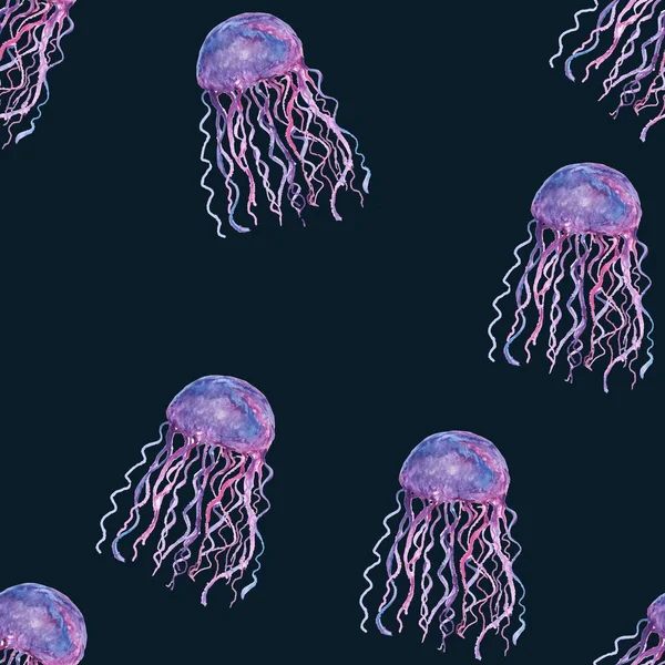 Violet jellyfish seamless watercolor on deep green background. Marine style. Wildlife. Watercolor illustration. Blue, turquoise, purple. — Stock Photo, Image
