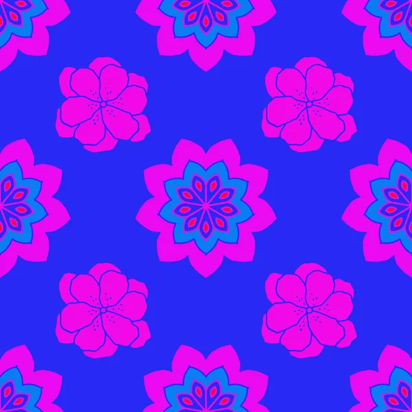 青い背景にピンクの花とシームレスな繰り返しパターン。布、ギフトラップ、壁のアートデザイン、織物のために — ストック写真