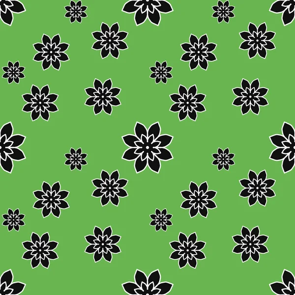 Patrón de repetición sin costuras con flores negras sobre fondo verde. tela dibujada, envoltura de regalo, diseño de arte de pared, papel de envolver, fondo, impresión de tela, telón de fondo de página web — Foto de Stock
