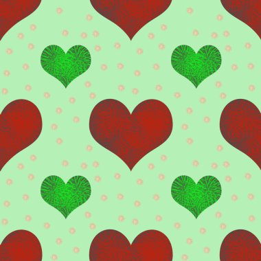Kusursuz desenli kırmızı ve yeşil kalpli sevgililer günü şablonu. ambalaj kağıdı, arkaplan, kumaş baskısı, web sayfası arkaplanı, duvar kağıdı olarak kullanılabilir.