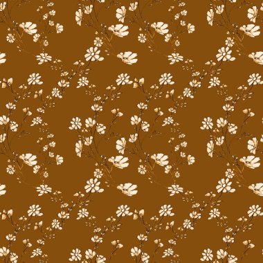 Yaprakları ve çiçekleri olan ağaç dalları desenleri, grafik el çizimi, sarı arka planda çiçek ağacı. Çizilmiş kumaş, hediye paketi, duvar kağıdı, kart, tekstil için basit kalem sanatı.