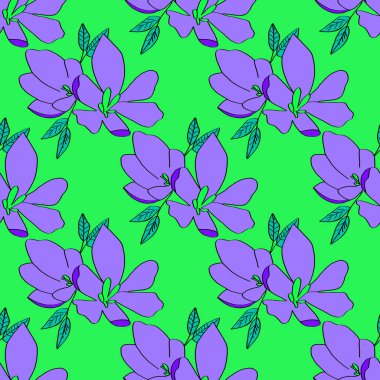 Zambak çiçeklerinin kusursuz arkaplanı. Açık yeşil arka planda leylak çiçekleri. Paket kağıdı, kumaş baskısı, web sayfası arkaplan, kart, duvar kağıdı olarak kullanılabilir