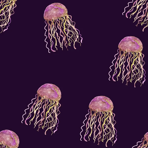 Jellyfish Seamless Watercolor Deep Purple Background Marine Style Wildlife Watercolor — Stock Photo, Image