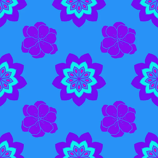 Zökkenőmentes Ismétlődő Minta Lila Virágokkal Kék Háttéren Rajzolt Textíliához Ajándékcsomagoláshoz — Stock Fotó