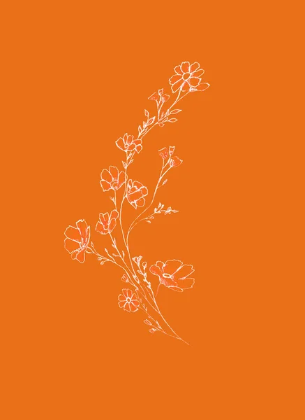 Tree branch with flowers and leaves, graphic hand drawn, blossom tree on Lush Lava background. Simple pencil art.