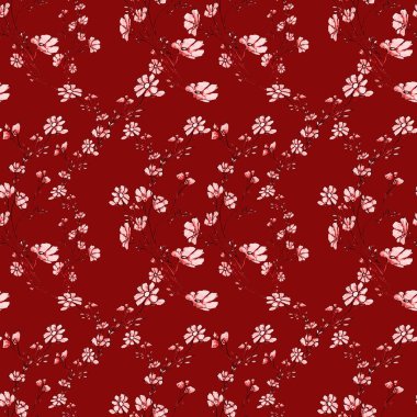 Yaprakları ve çiçekleri olan ağaç dallarının desenleri, grafik el çizimi, kırmızı arka planda çiçek ağacı. Çizilmiş kumaş, hediye paketi, duvar tasarımı, duvar kağıdı, kart, tekstil için basit kalem sanatı