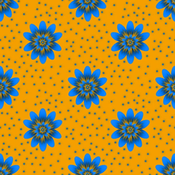 Seamless Repeat Pattern Blue Flowers Yellow Background Drawn Fabric Gift — Φωτογραφία Αρχείου