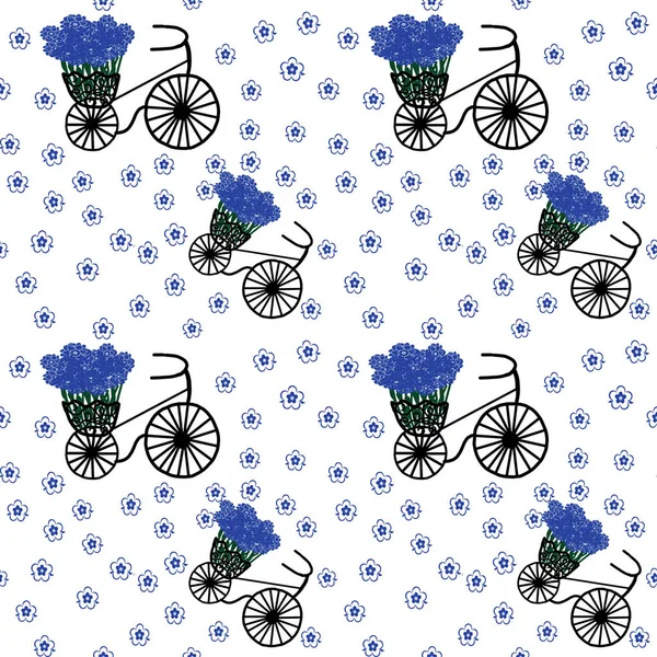 Spring and summer seamless pattern with blue flowers and bicycles on white background. Used for wallpaper, pattern fills, web page background,surface textures.