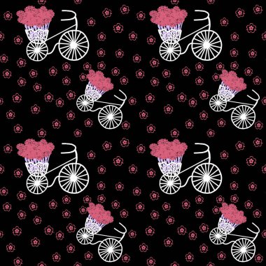 Siyah arka planda çiçekler ve bisikletlerle bahar ve yaz pürüzsüz desen. Duvar kağıdı, şablon dolguları, web sayfası arkaplanı, yüzey dokuları için kullanılır.