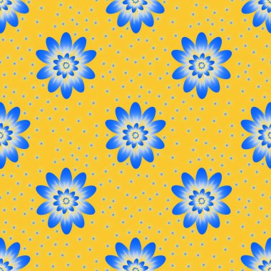 Sarı arka planda mavi ve altın rengi çiçeklerle kusursuz bir tekrarlama şekli. Çizilmiş kumaş, hediye paketi, duvar tasarımı için.